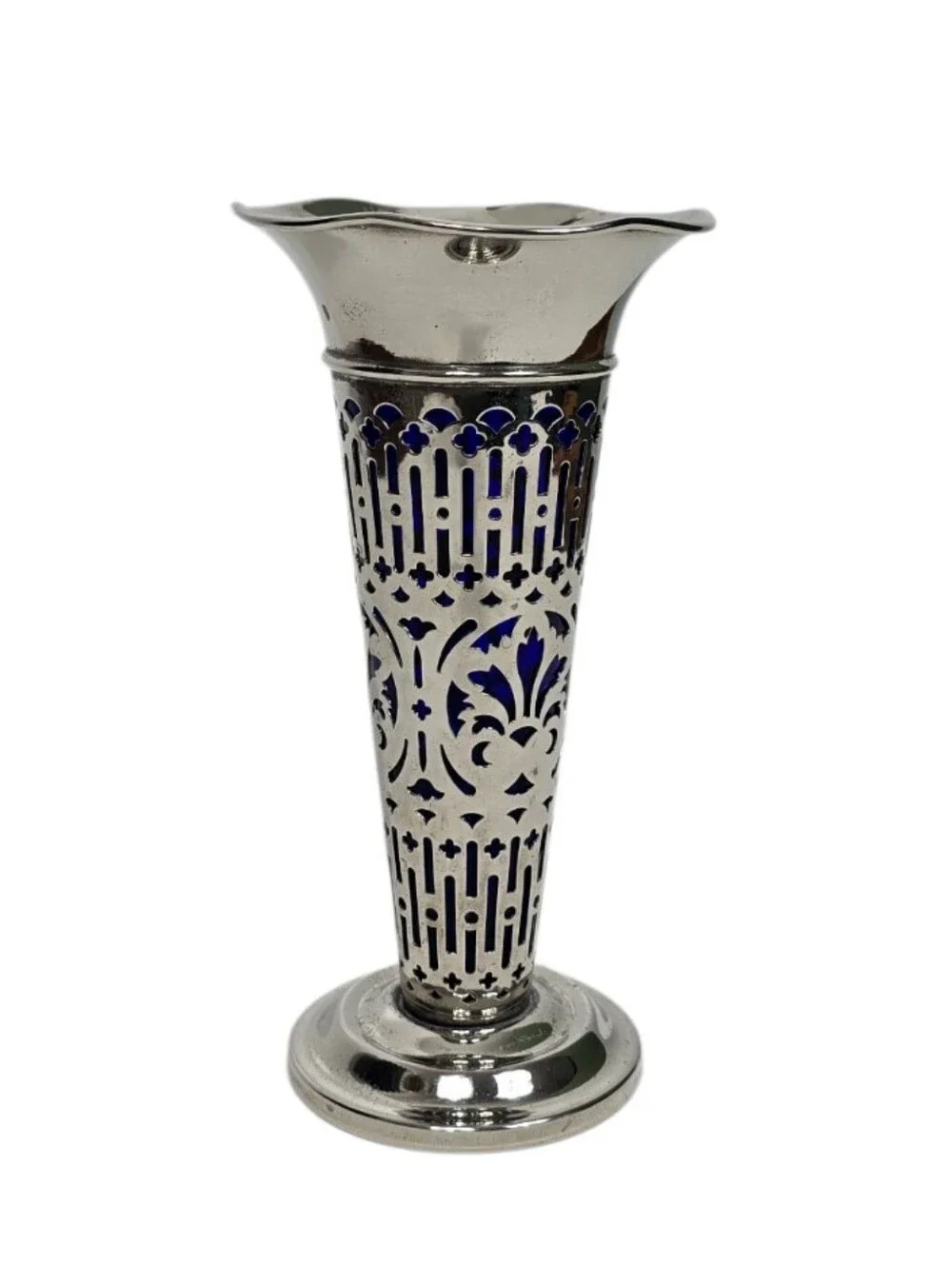 Vintage Godinger Silverplate Vase With Cobalt Blue Glass Liner Pierced Overlay